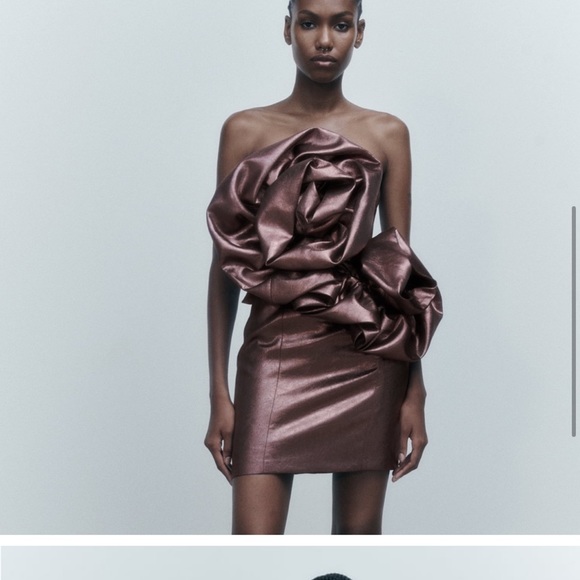 ZARA METALLIC BROWN ROSE 3D STRAPLESS DRESS - Picture 9 of 9